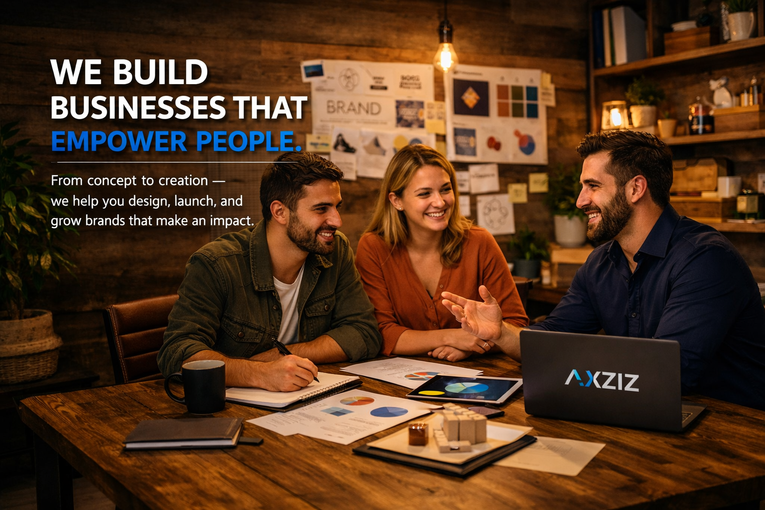 AXZIZ consultant meeting with clients in a boutique creative studio — business consultation scene with headline “We Build Businesses That Empower People.”