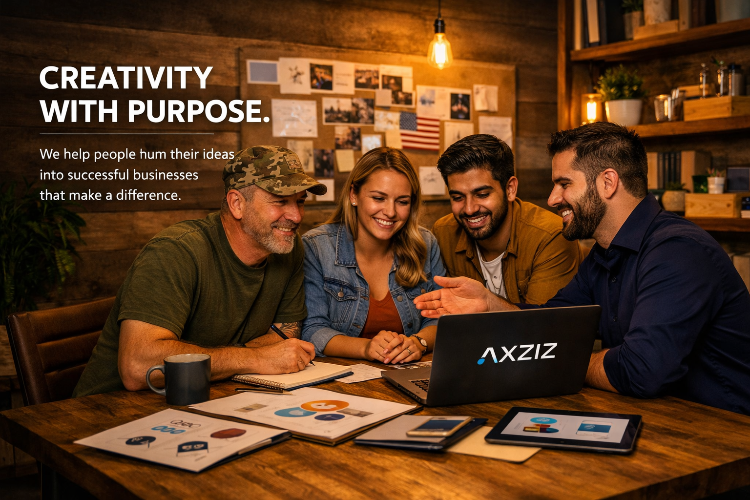 AXZIZ consultant mentoring a diverse group including a veteran and entrepreneurs in a creative studio — headline “Creativity With Purpose.”